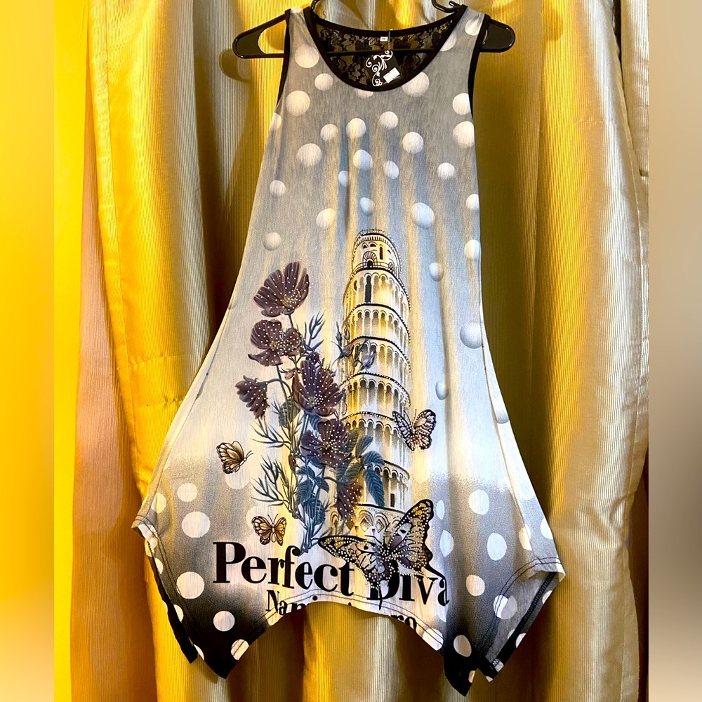 Dressy Tank. Classy Look. Sparkly Rhinestones on the Front. Pretty Lace on Back.